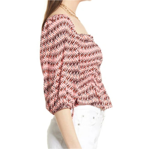 OPEN EDIT NORDSTROM ~ Geo Print Shirring Detail Square Neck Top STRETCHY M - Picture 4 of 10